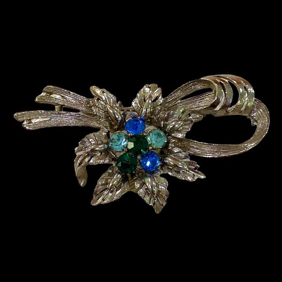 Vintage Rhinestone Brooch Bow Flower Silver-tone 6 Blue & Green Stones 2 Inch - Picture 1 of 8